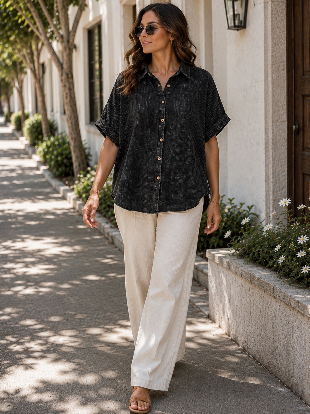 Zenana Women’s Black Charcoal Oversized Button Front Shirt S/M 100% Cotton
